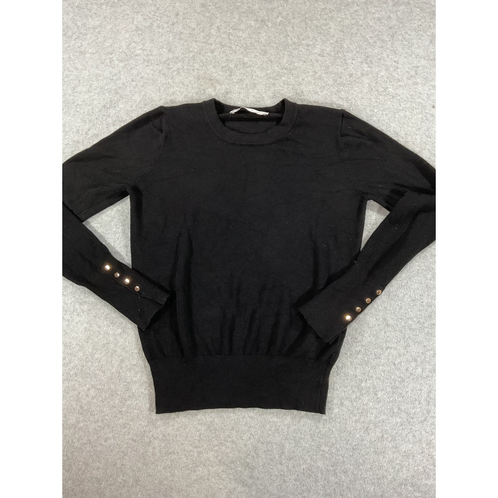 Zara Black Knit Crewneck Sweater Gold Button Cuff Detail Small 2540